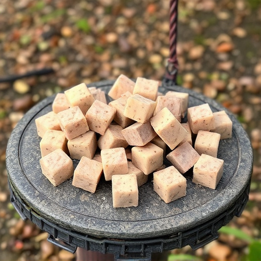 Suet cubes scattered on bird table outdoors