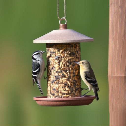 Suet-filled feeder attracting small songbirds
