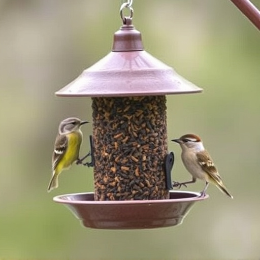 Suet-filled feeder attracting small songbirds