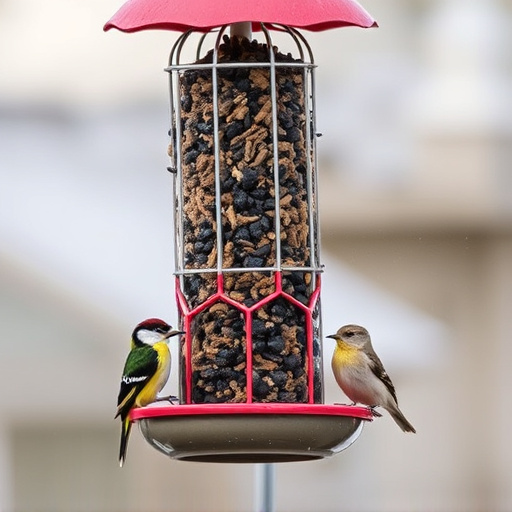 Suet-filled feeder attracting small songbirds