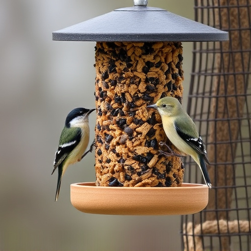 Suet-filled feeder attracting small songbirds