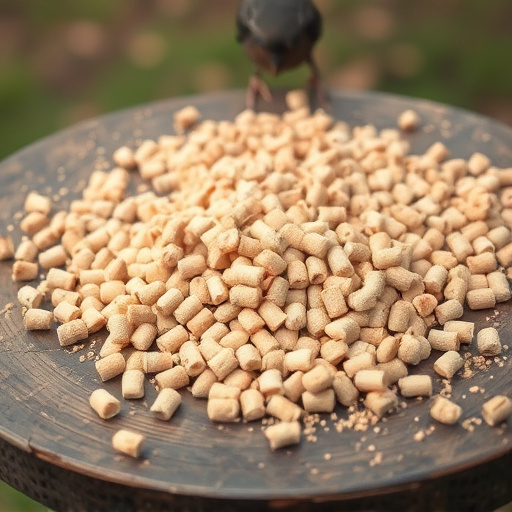 Suet pellets scattered on bird table