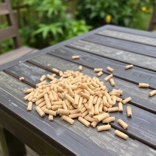 Suet pellets scattered on garden table