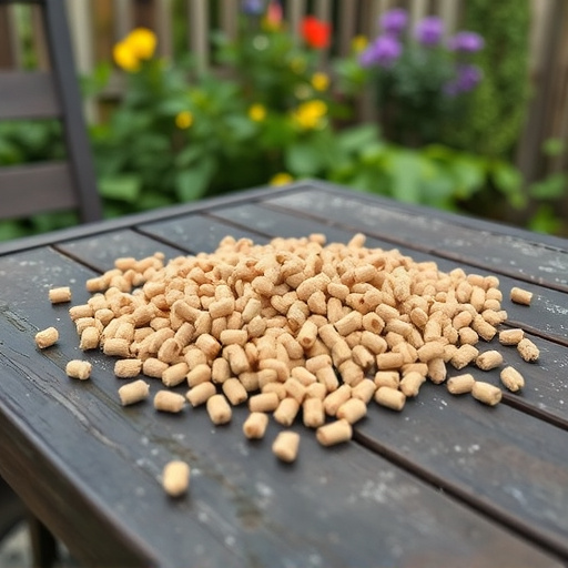 Suet pellets scattered on garden table