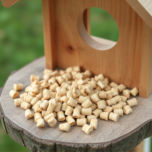 Suet pellets scattered on wooden bird table
