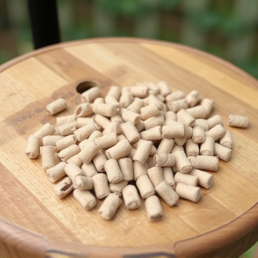 Suet pellets scattered on wooden bird table