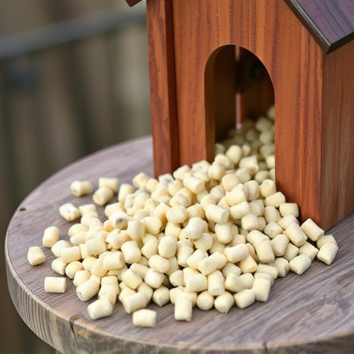 Suet pellets scattered on wooden bird table