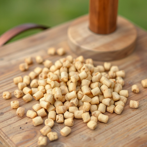 Suet pellets scattered on wooden bird table