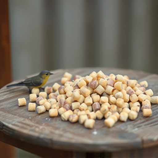 Suet pellets scattered on wooden bird table