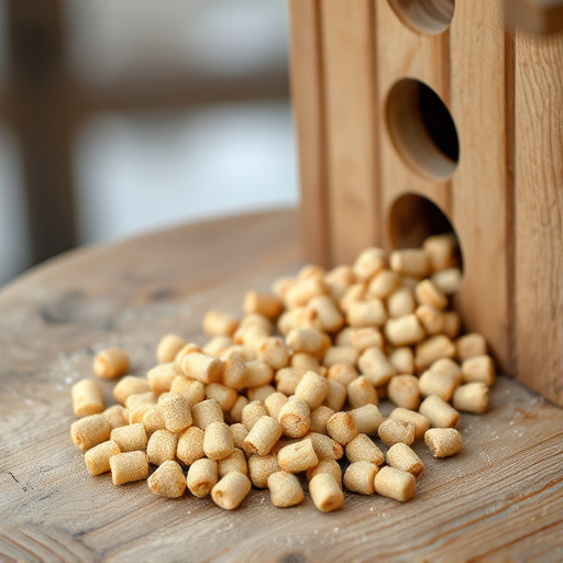 Suet pellets scattered on wooden bird table