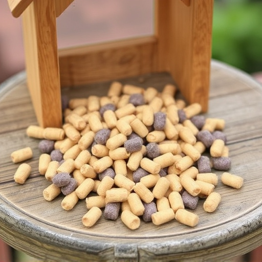 Suet pellets scattered on wooden bird table