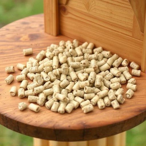 Suet pellets scattered on wooden bird table