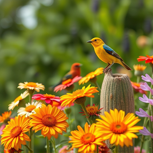Summer flowers with birds nearby