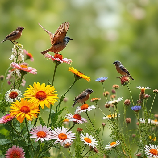 Summer flowers with birds nearby