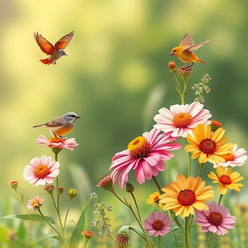 Summer flowers with birds nearby