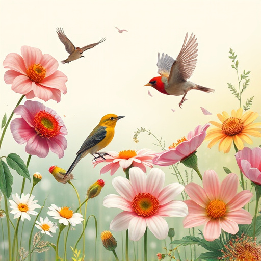 Summer flowers with birds nearby