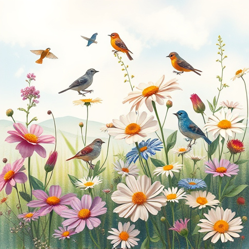 Summer flowers with birds nearby