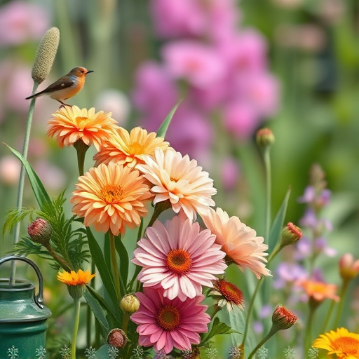 Summer flowers with birds nearby