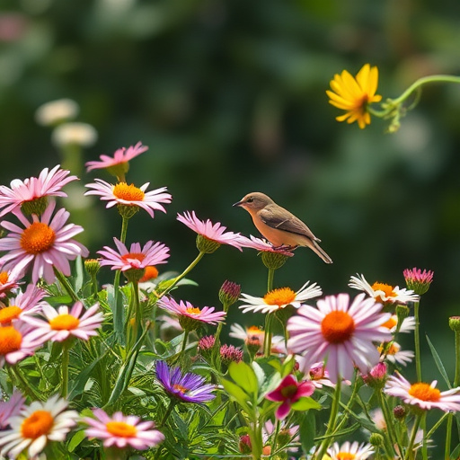 Summer flowers with birds nearby