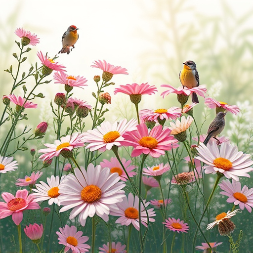 Summer flowers with birds nearby