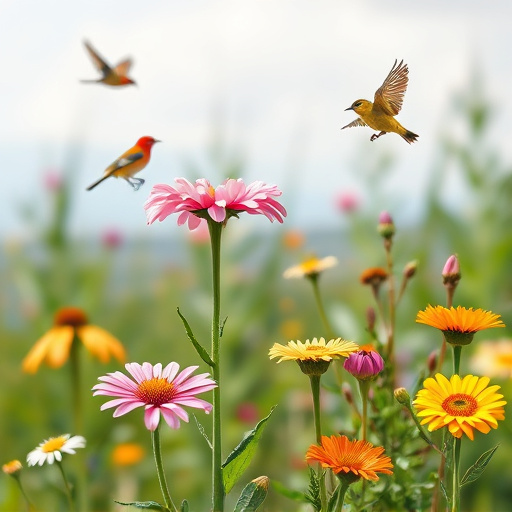 Summer flowers with birds nearby