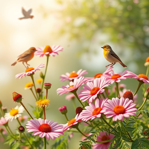 Summer flowers with birds nearby
