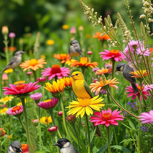 Summer flowers with birds nearby