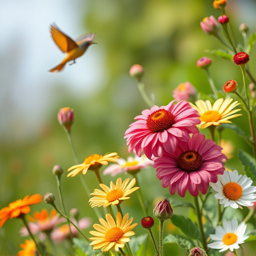 Summer flowers with birds nearby