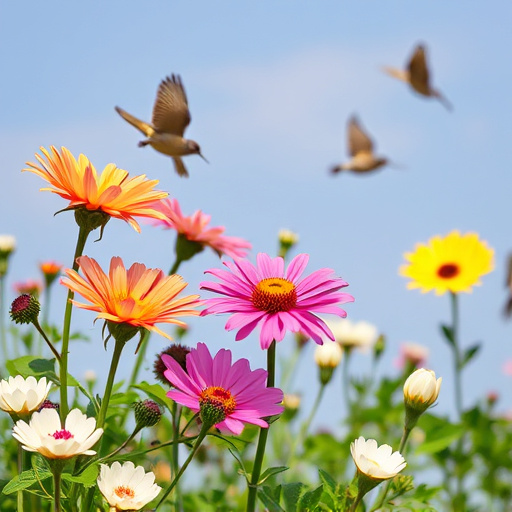 Summer flowers with birds nearby