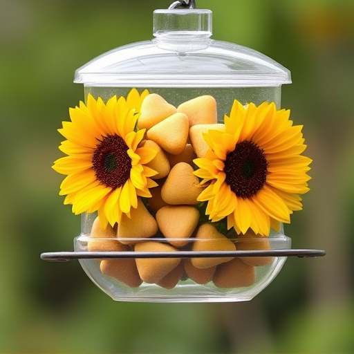 Sunflower hearts in clear plastic bird feeder