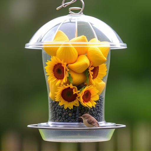 Sunflower hearts in clear plastic bird feeder