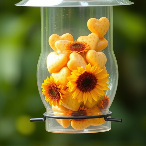 Sunflower hearts in clear plastic bird feeder