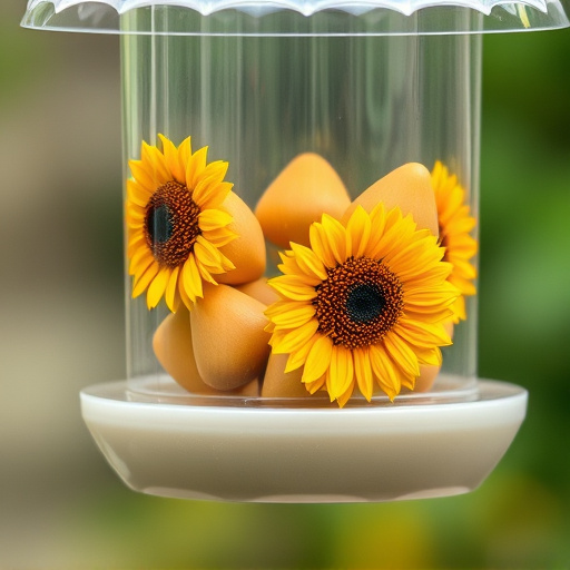 Sunflower hearts in clear plastic bird feeder