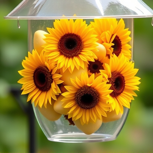 Sunflower hearts in clear plastic bird feeder