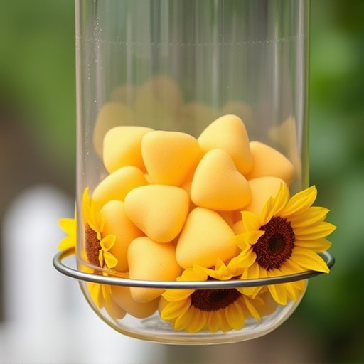 Sunflower hearts in clear plastic bird feeder