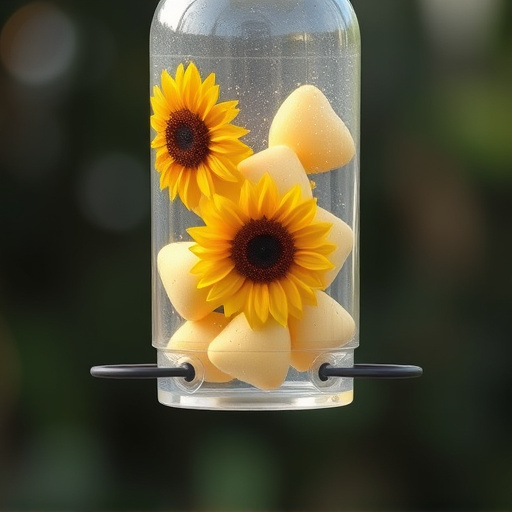Sunflower hearts in clear plastic bird feeder