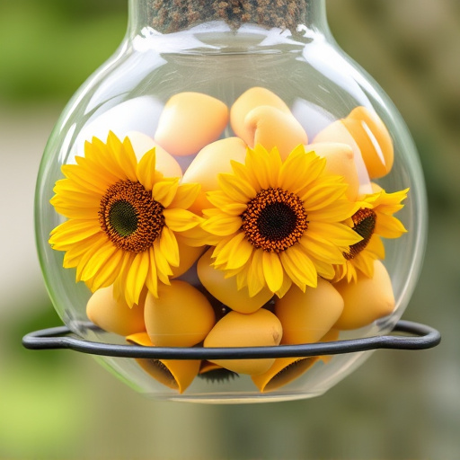 Sunflower hearts in clear plastic bird feeder