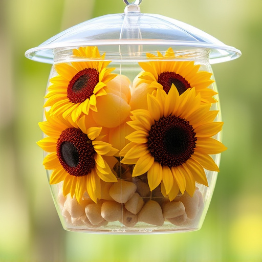 Sunflower hearts in clear plastic bird feeder