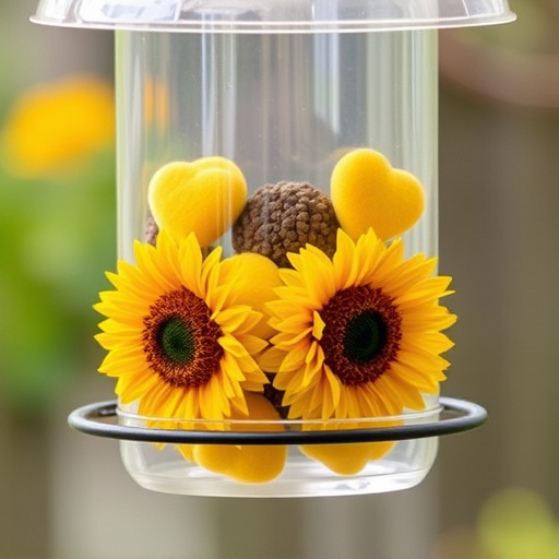 Sunflower hearts in clear plastic bird feeder
