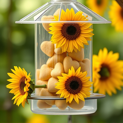 Sunflower hearts in clear plastic bird feeder