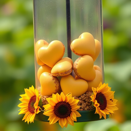 Sunflower hearts in clear plastic bird feeder