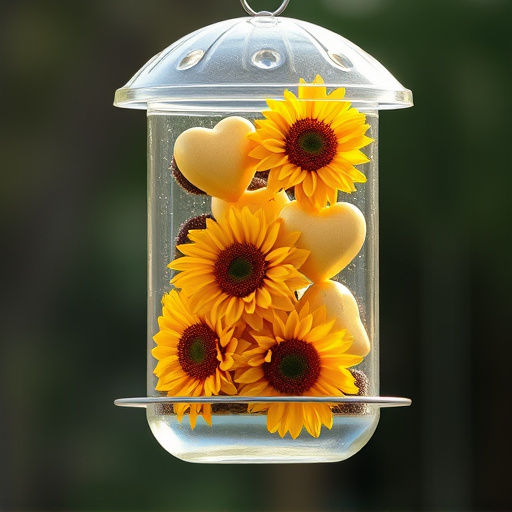 Sunflower hearts in clear plastic bird feeder