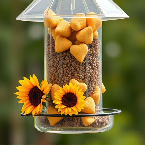 Sunflower hearts in clear plastic bird feeder