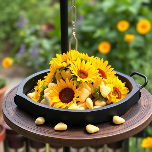 Sunflower hearts poured into bird table tray