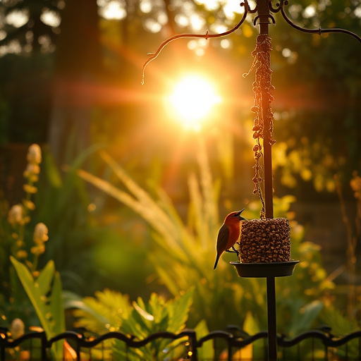 Sunlit garden with birds eating seed