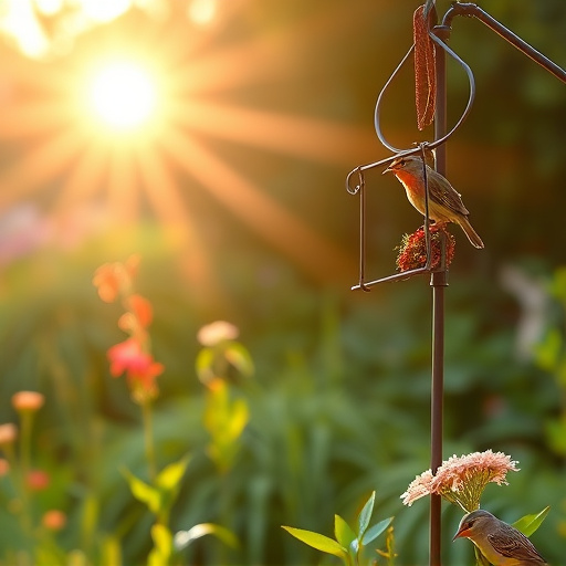 Sunlit garden with birds eating seed