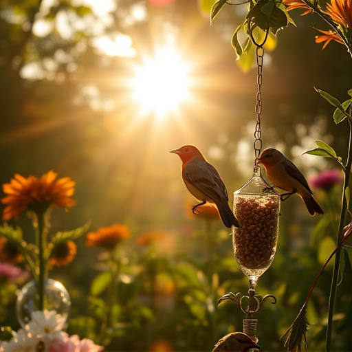 Sunlit garden with birds eating seed