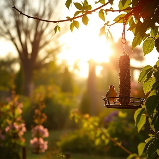 Sunlit garden with birds eating seed