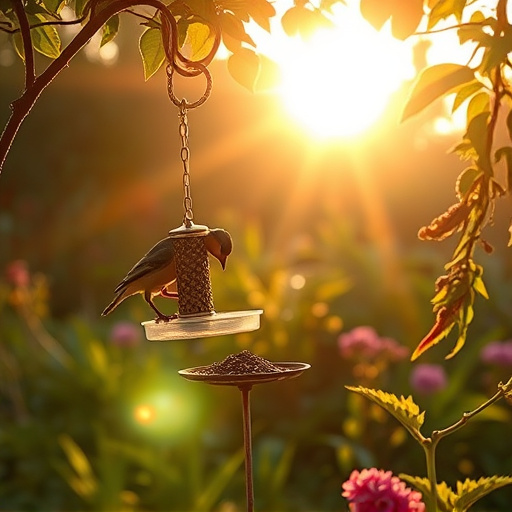 Sunlit garden with birds eating seed
