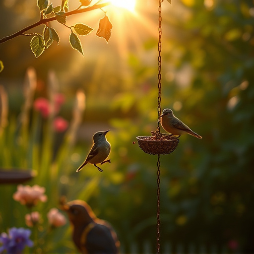 Sunlit garden with birds eating seed
